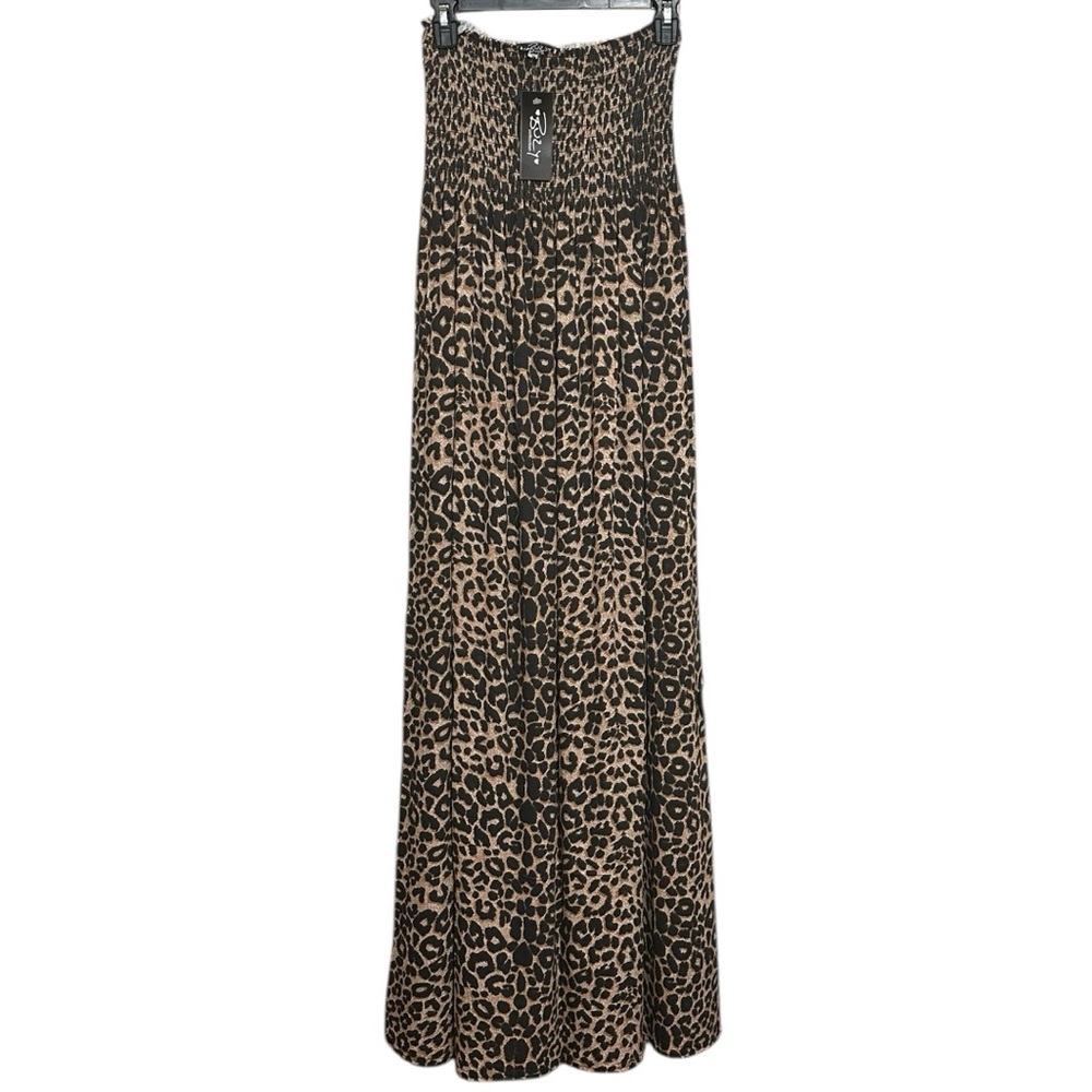 BUZY Sheering Gather Bandeau Long Strapless Maxi Dress-LEOPARD S/M, NEW W/ TAGS